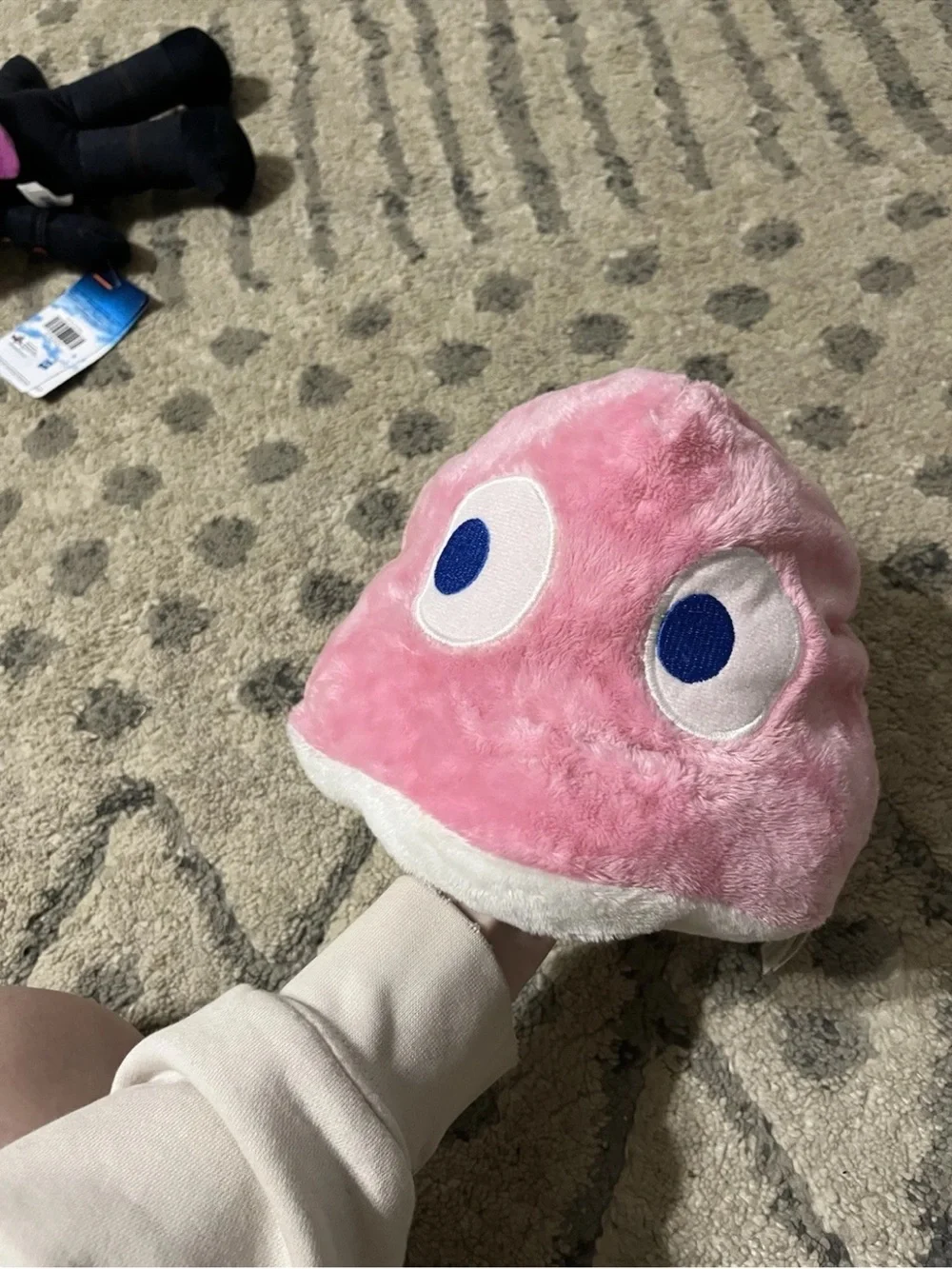 Cute White Plush Kids Hat with Pink Trim and Red Face